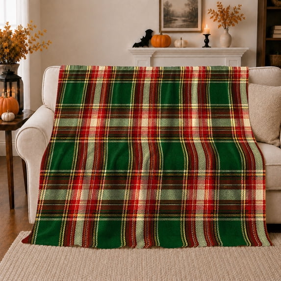 Green Tartan With Red And Cream Crossbars, Cozy Flannel Blanket with Traditional Tartan Plaid Print, Housewarming Gift for Traditional Plaid Enthusiasts, Home Decor for Bedroom and Living Room