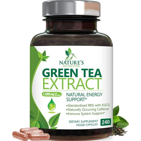 Green Tea Extract Capsules 1000 mg - 3X Strength Green Tea Pills with 45% EGCG & 98% Polyphenols for Natural Energy - Vegan Antioxidant Herbal Supplement for Heart Health Support - 240 Capsules
