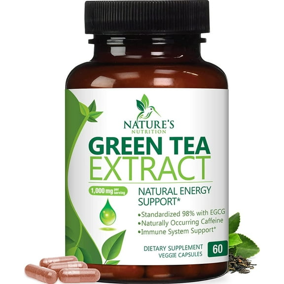 Green Tea Extract Capsules 1000 mg - 3X Strength Green Tea Pills with 45% EGCG & 98% Polyphenols for Natural Energy - Vegan Antioxidant Herbal Supplement for Heart Health Support - 60 Capsules