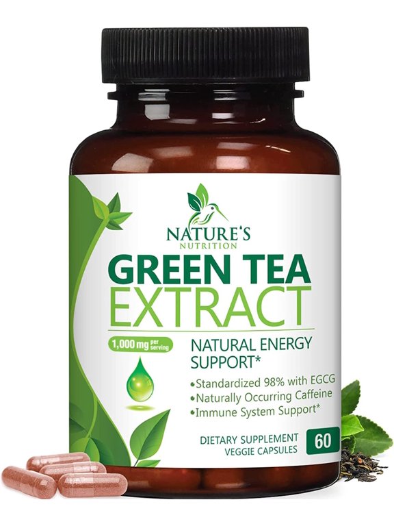 Green Tea Extract 1000mg - Premium Green Tea Extract Pills with 45% EGCG, 98% Polyphenols for Natural Energy - Nature's Antioxidant Herbal Heart Support Supplement, Bottled in USA - 60 Capsules