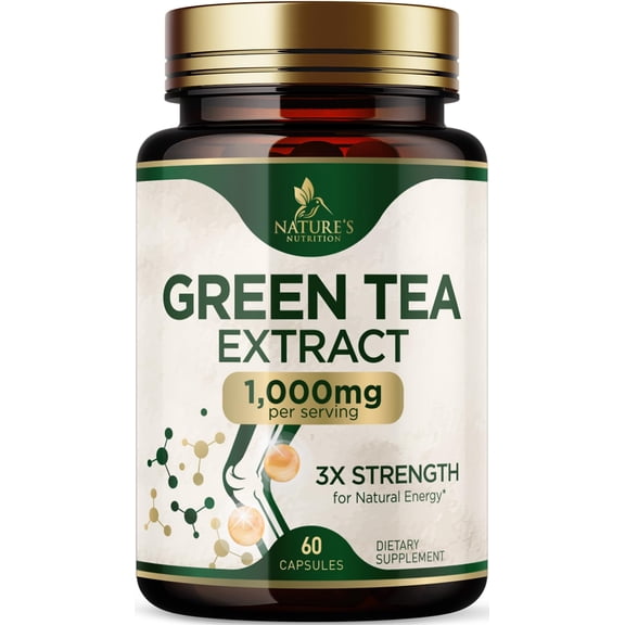 Green Tea Extract 1000mg Per Serving - Standardized 45% EGCG & 98% Polyphenols - 3X Strength Green Tea Pills for Energy, Supports Heart Health, Herbal Supplement, Vegan, Bottled in USA - 60 Capsules
