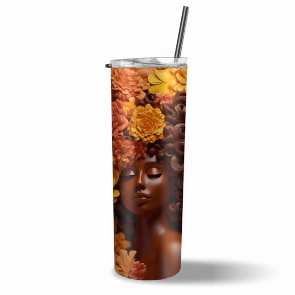 Black woman stainless steel tumbler for melanin women that love tumblers and golden tans, browns, orange 3D floral afro curly hair