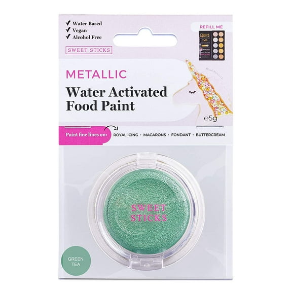 Green Tea Water Activated Edible Food Paint Pan, Refill Palette By Edible Art with 1 Fine-Line Brush - Water Based Vegan Cake Paint, Water Activated Icing Paint (5 Grams)