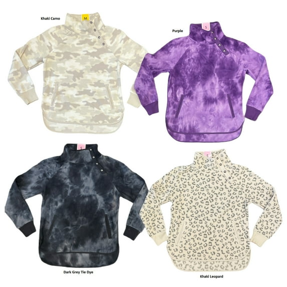 Green Tea Women's Mock Neck Printed Soft Warm Fleece Pullover Sweatshirt Top (Khaki Camo, XXL)