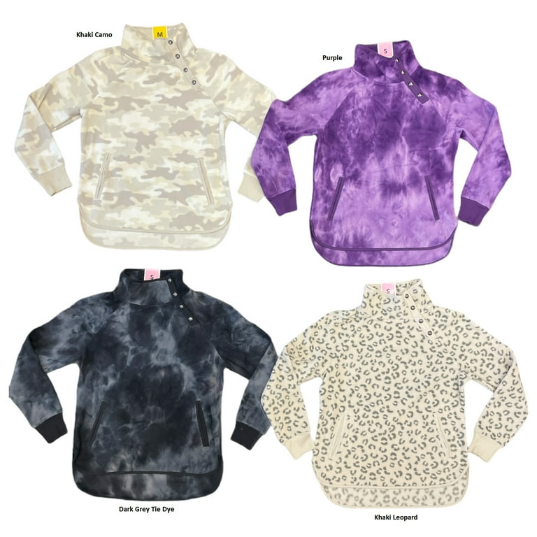 Green Tea Women s Mock Neck Printed Soft Warm Fleece Pullover Sweatshirt Top Khaki Leopard XXL