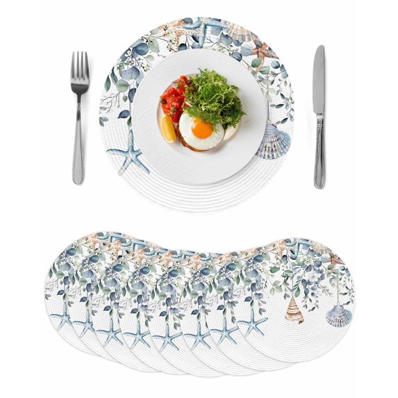 Green Teal Eucalyptus Round 13 Inch Placemats Set of 8, Coastal Summer Starfish HeatResistant Non Slip Place Mats for Dining Table, Wipeable Braided Kitchen Table Mats for Housewarming