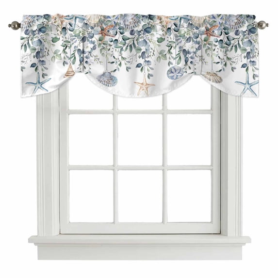 Green Teal Eucalyptus Tie Up Valance Curtains for Windows, Kitchen Curtains Window Shades, Coastal Summer Starfish Light Filtering Roman Curtain Valances for Bedroom/Bathroom/Cafe 54"x18"
