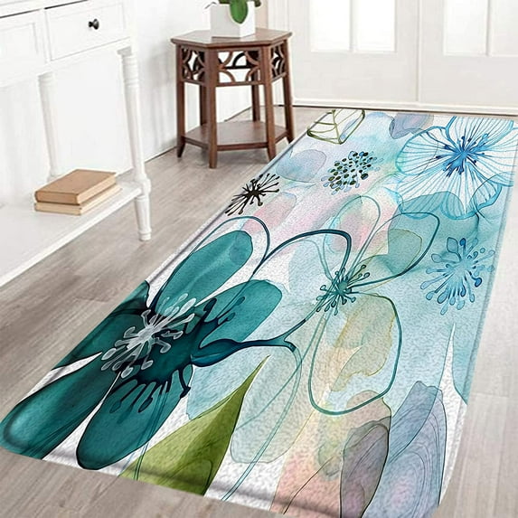 Green Teal Floral Bath Mat Watercolor Transparent Flower X-ray Flowers Modern Fantasy Romantic Elegant Glam Women Girl Bathroom Bedroom Rug Kitchen Toilet Door Rugs Memory Foam 16 x 48 Inch