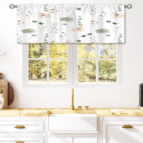 Green Teal Floral Curtain Valance for Window Treatments Watercolor Flower Boho Kitchen Treatment Minimalist Leaf Botanical Window Drapes for Bathroom Bedroom Living Room 1 Panel (52x18 Inch)