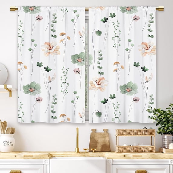 Green Teal Floral Kitchen Curtains Watercolor Flower Boho Small Short Cafe Window Curtains Minimalist Leaf Botanical Bathroom Living Room Bedroom Window Drapes Treatment (26x36 Inch)