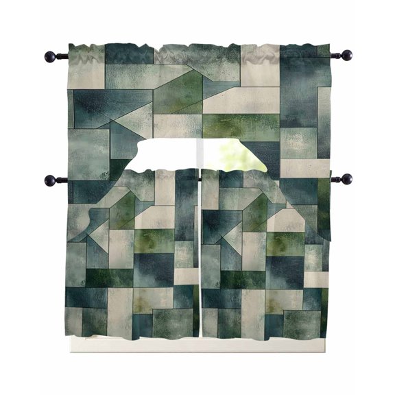 Green Teal Geometric Kitchen Curtains Sets 36 Inch Length with Valance, Abstract Art Modern Swag Valances and Tiers Curtain Set Drapes Swag Curtains for Living Room, Bathroom, Bedroom, Cafe