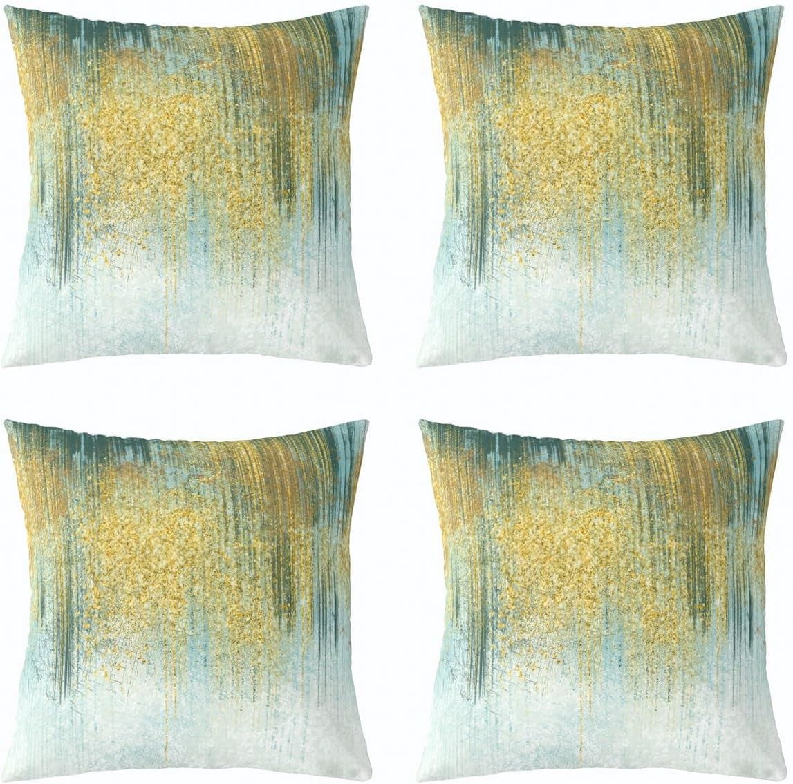 Green Teal Golden Reversible Throw Pillow Covers 20 x 20-Inch Kids Stripes Pillow Covers Home Decor for Boys Geometric Abstract Art Square Cushion Covers Set of 4 Modern Art