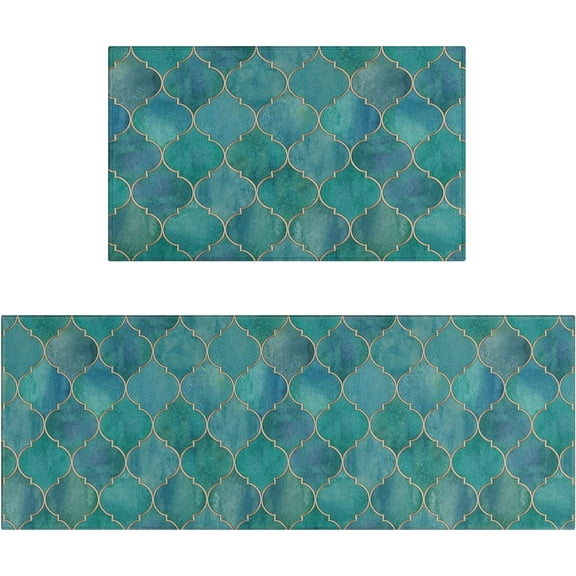 Green and Teal Kitchen Rugs Mat Set of 2 Vintage Moroccan Non Slip Kitchen Mats for Floor Washable Green Turquoise Kitchen Rug Runner Teal Kitchen Decor