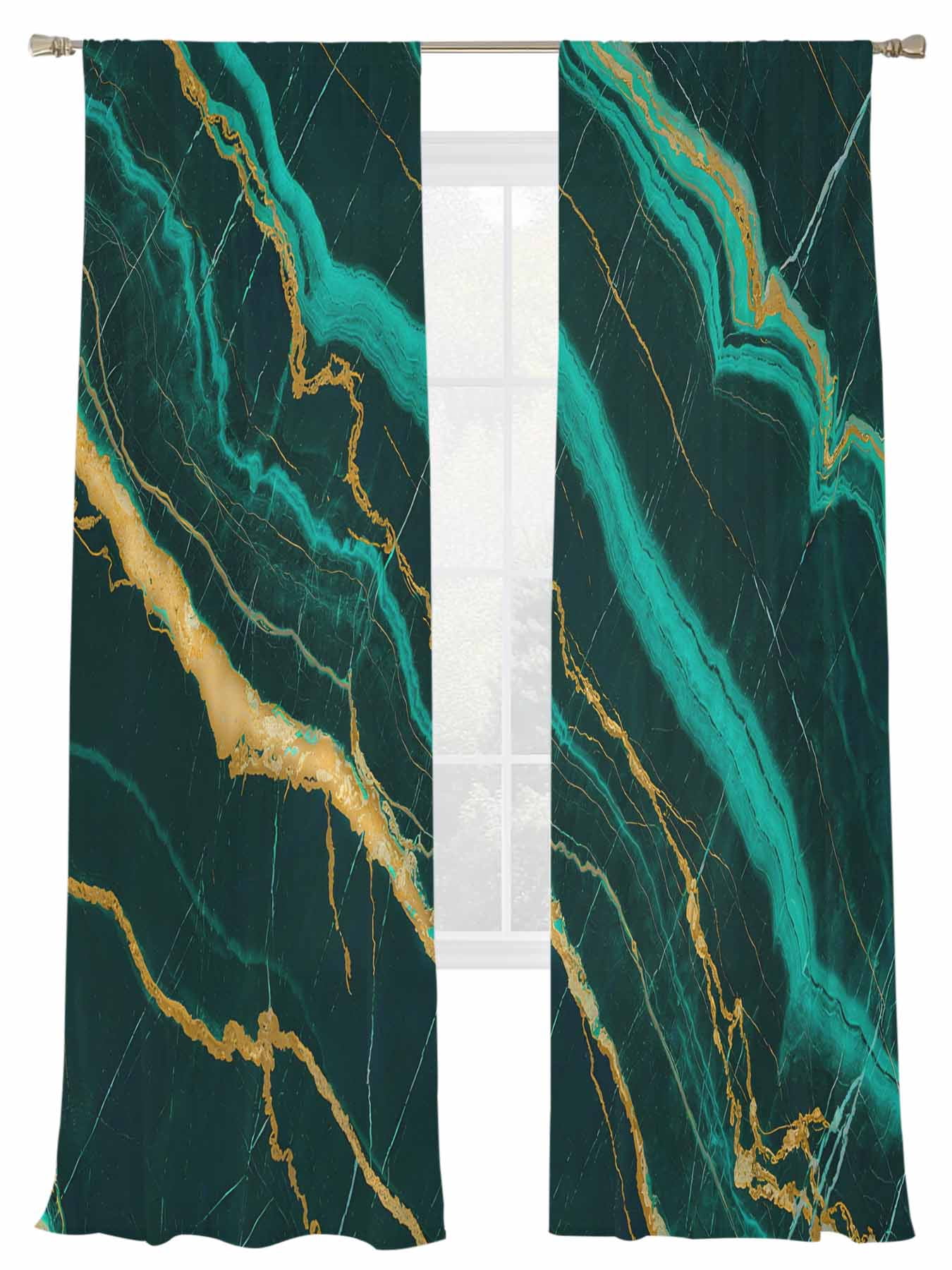 Grad Drapes Green Teal Marble Sheer Curtains 96 Inch Length 2 Panels Set, Semi ...