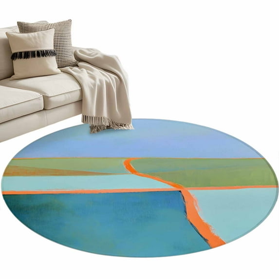Green Teal Orange Round Area Rug 4ft, Modern Oil Painting Abstract Washable Non-Slip Circle Rugs for Bedroom Living Room Kitchen, Soft Non Shedding Circle Carpet for Dining Room Dorm