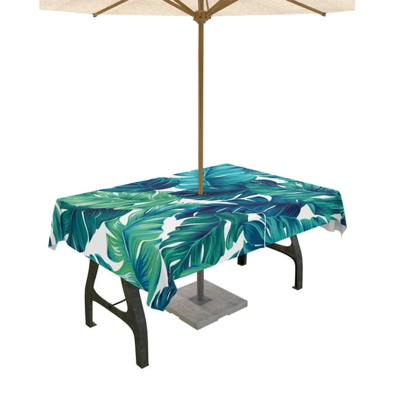 Green Teal Palm Banana Leaves Outdoor Rectangle Tablecloth Zippered Table Cover with Umbrella Hole,Watercolor Tropical Plants Waterproof Table Cloths for Patio Garden Picnic Tables,60x84in