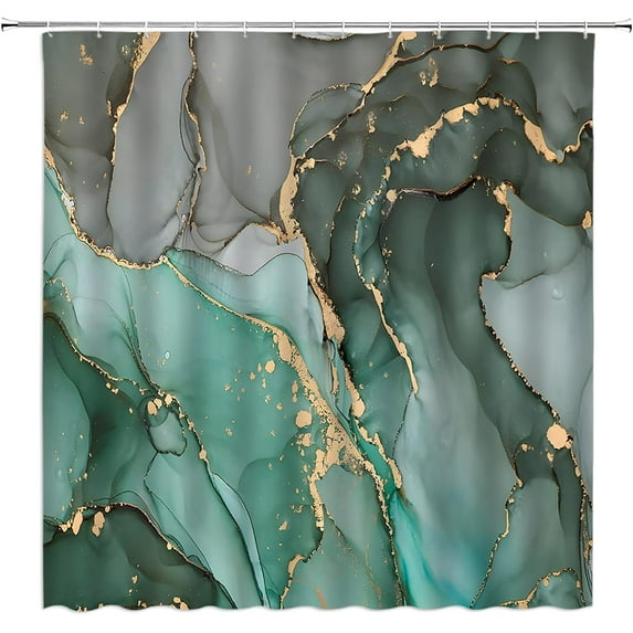 Green Teal Turquoise Marble Shower Curtain Abstract Marble Texture Gold Stripes Ombre Modern Elegant Luxury Watercolor Ink Art Bathroom Decor Fabric Curtain with Hooks
