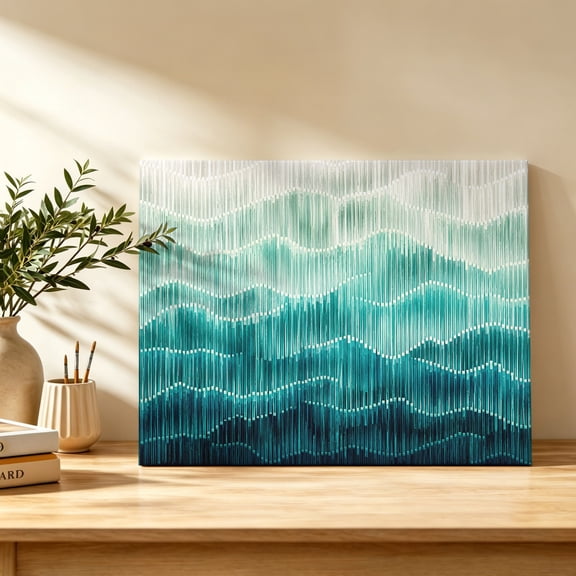 Green Teal Waves Canvas Wall Art, Modern Abstract Minimalist Gradient Beach Waves Wall Art Prints Artwork Framed Canvas Ready to Hang Art Pictures for Bathroom Bedroom Entry Desk Corner 10" x 8"
