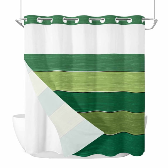 Green Teal Wooden Grain No Hook Shower Curtain with Snap in Liner, Waterproof Fabric Shower Curtains, Farmhouse Country Vintage Geometric Shower Curtain Set Top See Through for Bathroom 72"x72"