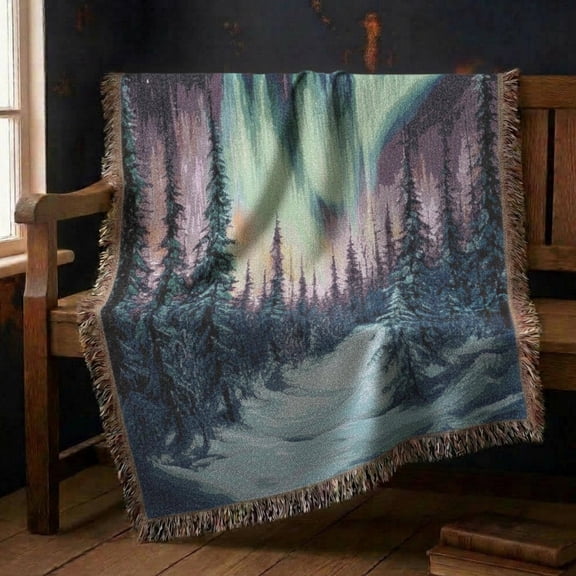 Green, Teal and Purple Northern Lights Pine Forest Woven Throw Blanket, 100% Cotton, Fringed Edges, Living Room Decor