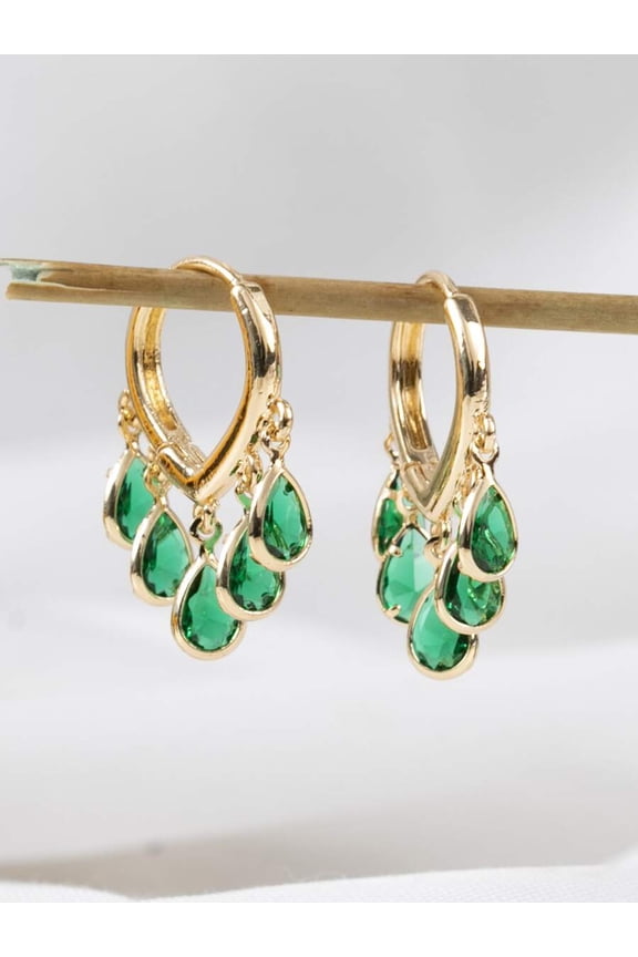 Green Teardrop Zirconia Dangle Hoop Earrings With Goldtone Setting For Women