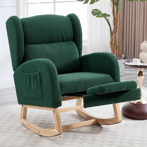 Green Teddy Boucl Upholstered Glider Rocking Chair With Footrest And Side