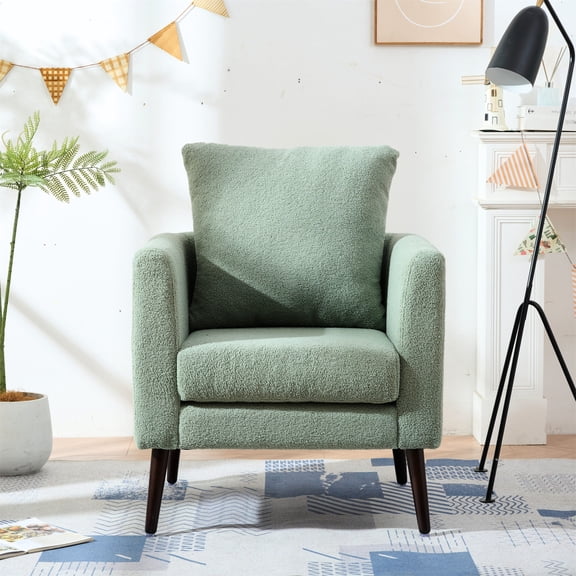 Green Teddy Fabric Barrel Chair with Solid Wood Legs / Ergonomic Design for Full Body Relaxation
