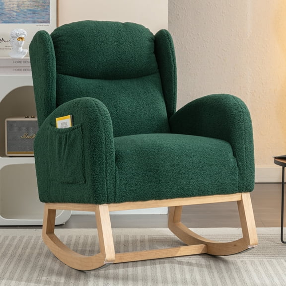  Green Teddy Fabric Rocking Chair with Solid Wood Legs,Cozy Accent Chair for Living Room,Comfortable Reading Rocker,Stylish Seating for Relaxation,Sturdy Wood Base,Modern Design