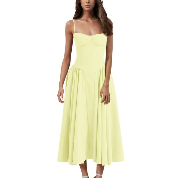 Green Tennis Dress, Empire Waist Floral Retro Court Spaghetti Strap Wedding Guest Long Milkmaid Dress With Pocket Short Dresses For Women Summer 2025 Hawaiian Dresses (L, Yellow) ZMTing