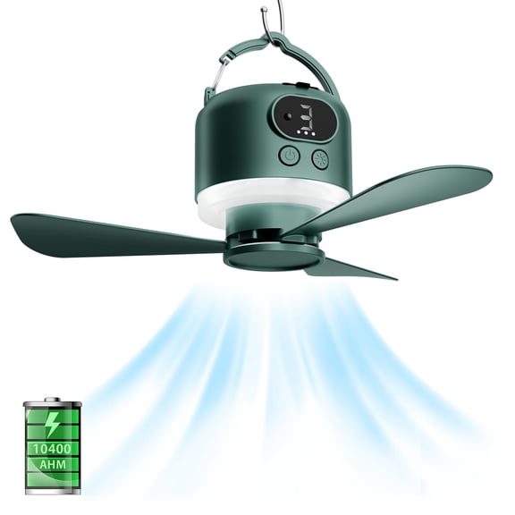 Green Tent Ceiling Fan Wireless Portable Camping Accessory with Light and Remote