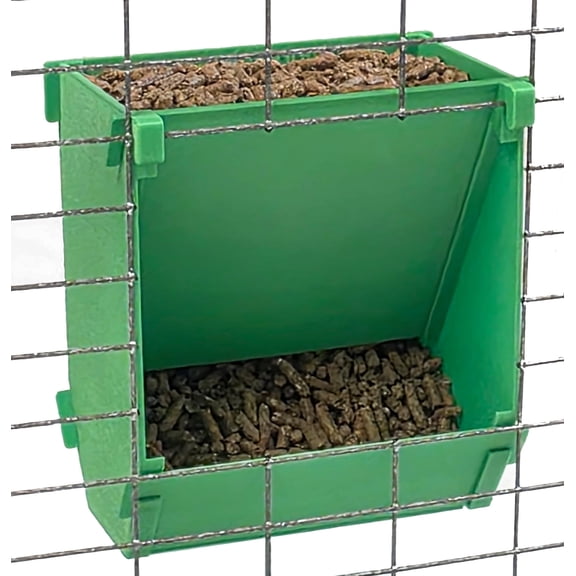 Green Texas USA Made 6-Inch Cage Hanging Rabbit Feeder with ID Tag for Rabbit Pellet Feed with a Sifter Base