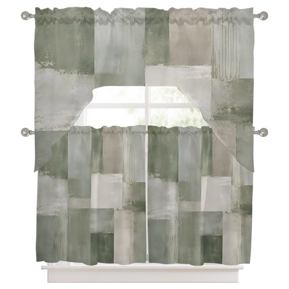 Green Texture Swag Curtains Valance and Tier Set, Sage Green White Mottled Color Block Patchwork Swag Curtains Drapes Rod Pocket for Kitchen Bathroom Small Window, 3 Pieces 56x36in+27.5x24*2