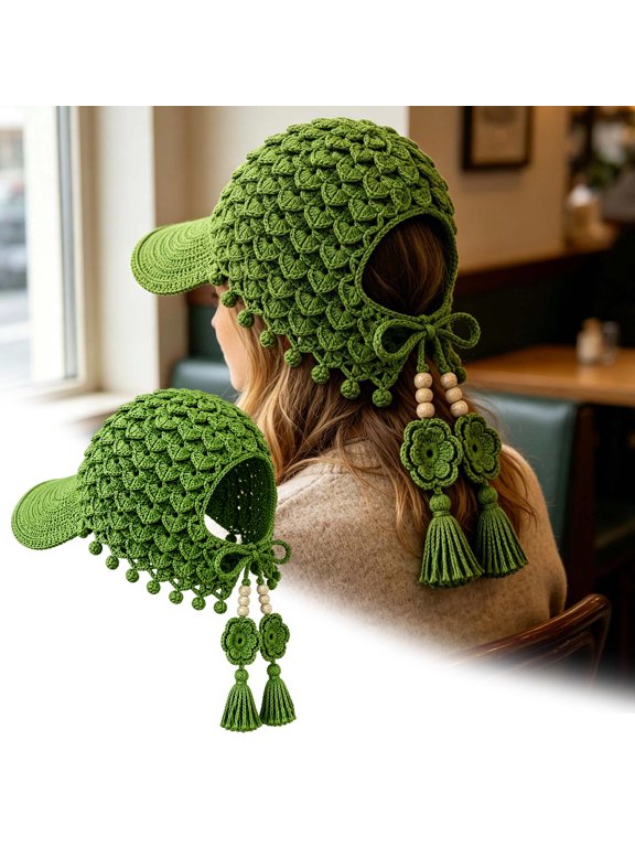 Green Textured Crochet Sun Cap with Floral Tassels, Bohemian Hollow Woven Visor Hat, Handmade Summer Beach Headwear for Women
