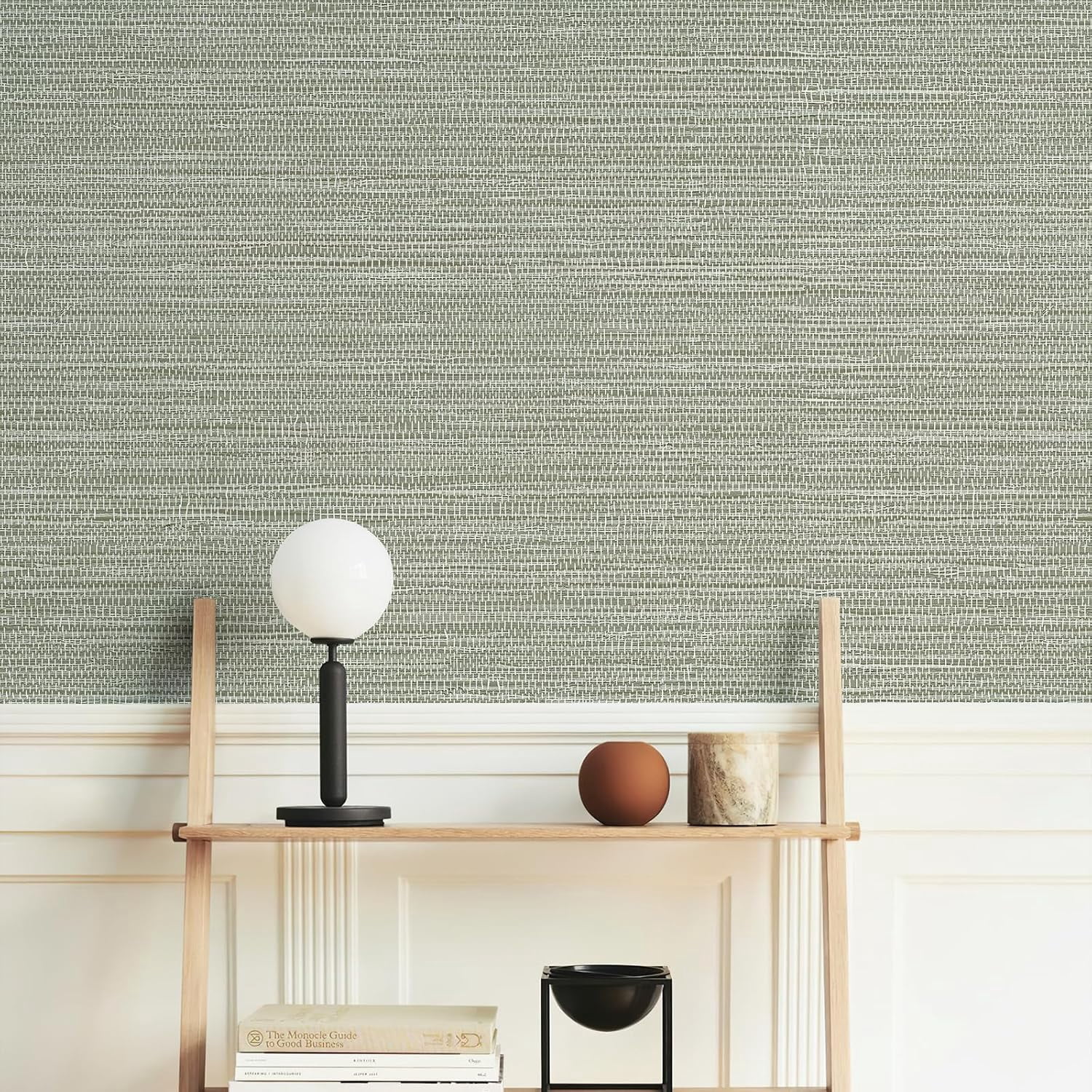 Green Textured Grasscloth Peel and Stick Wallpaper 17.7"x394" Neutral Faux Grassweave Wallpaper Waterproof Self Adhesive Removable Wallpaper Mural for Home Decor Bedroom Kitchen Cabinet