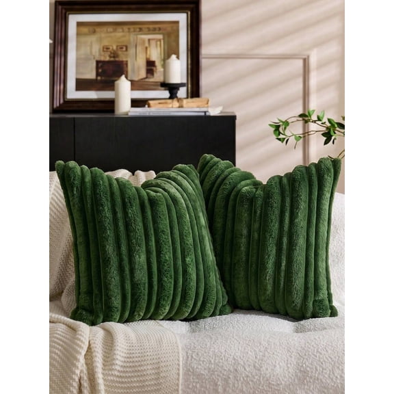 Green Textured Ribbed Plush Faux Fur Decorative Throw Pillow Cover, Soft Fleece Back, Square Cushion Sham For Sofa Bedroom
