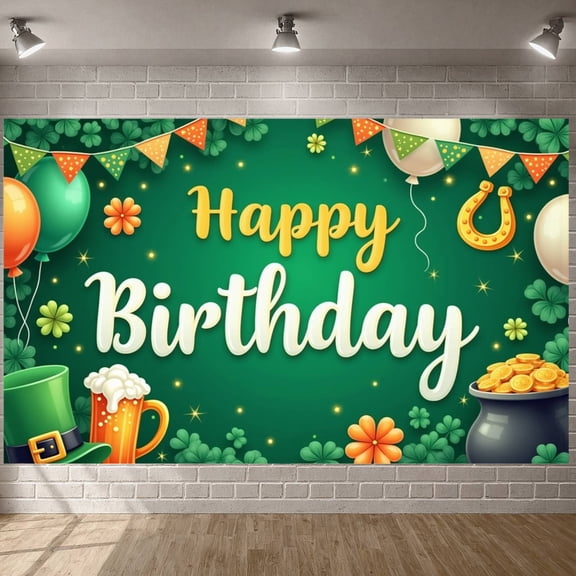 Green Theme Banner Clover Pattern St. Patrick's Banner Horseshoe Design Gold Coins Decor Birthday Backdrop for Birthday Party St. Patrick's Celebration Irish Festival