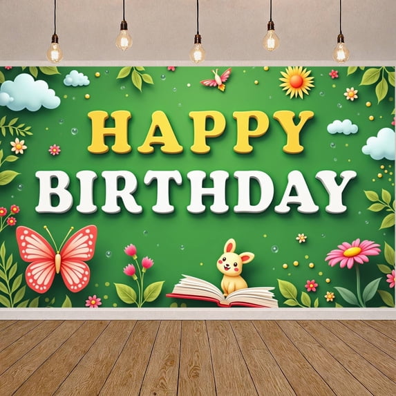 Green Theme Banner Floral Decor Kids Birthday Display Butterfly Design Bunny Pattern Fairy Tale Backdrop for Kids Birthday Party Children's Celebration Indoor Decoration