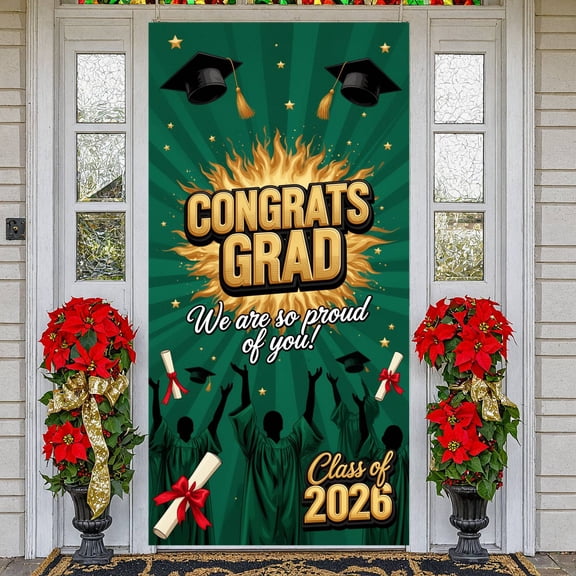 Green Theme Congrats Grad Banner Gold Lettering Class of 2026 Backdrop Burst Pattern Star Accent Graduation Background for High School Graduation College Grad Party Indoor Celebration