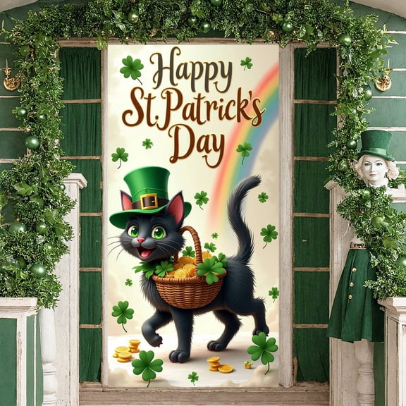Green Theme St. Patrick's Day Banner Clover Decor Irish Festival Display Black Design Rainbow Element Clover Backdrop for St. Patrick's Day Party Irish Festival Indoor Decoration