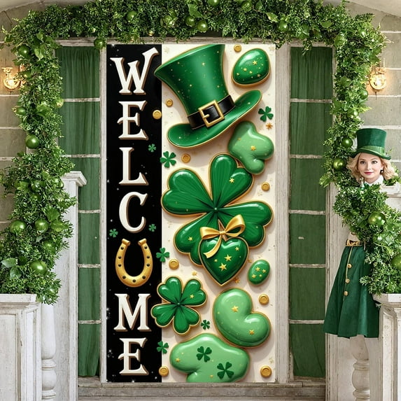 Green Theme St. Patrick's Day Banner Clover Pattern Backdrop Horseshoe Design Gold Coin Accent Lucky Banner for St. Patrick's Day Party Celebration Indoor Decoration