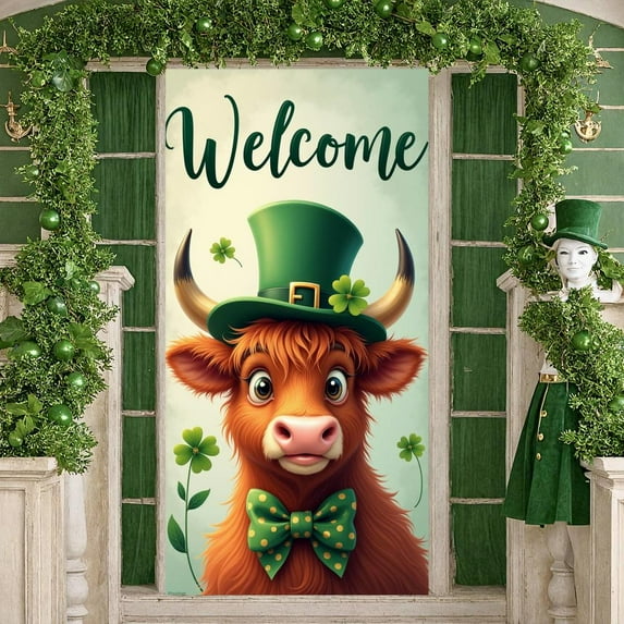Green Theme St. Patrick's Day Banner Clover Pattern Festival Display Cow Character Green Bow Tie Clover Backdrop for St. Patrick's Day Party Festival Welcome Event