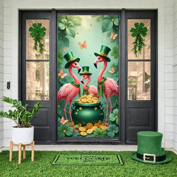 Green Theme St. Patrick's Day Banner Leprechaun Design Festival Display Clover Pattern Flower Decorated Gnome Themed Backdrop for Holiday Party Indoor Decoration Celebration