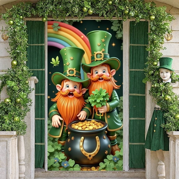 Green Theme St. Patrick's Day Banner Leprechaun Design Festival Display Clover Pattern Flower Decorated Gnome Themed Backdrop for Holiday Party Indoor Decoration Celebration