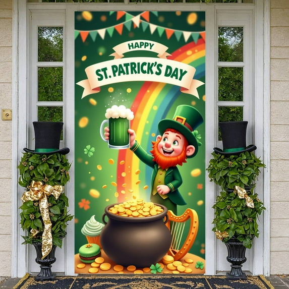 Green Theme St. Patrick's Day Banner Leprechaun Design Festival Display Rainbow Pattern Gold Coin Decor Leprechaun Backdrop for St. Patrick's Day Party Festival Pub Celebration