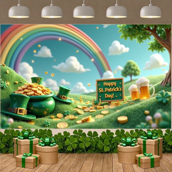 Green Theme St. Patrick's Day Banner Rainbow Pattern Rainbow Backdrop Clover Design Gold Coin Accent Leprechaun Display for St. Patrick's Day Party Celebration Festival Decoration