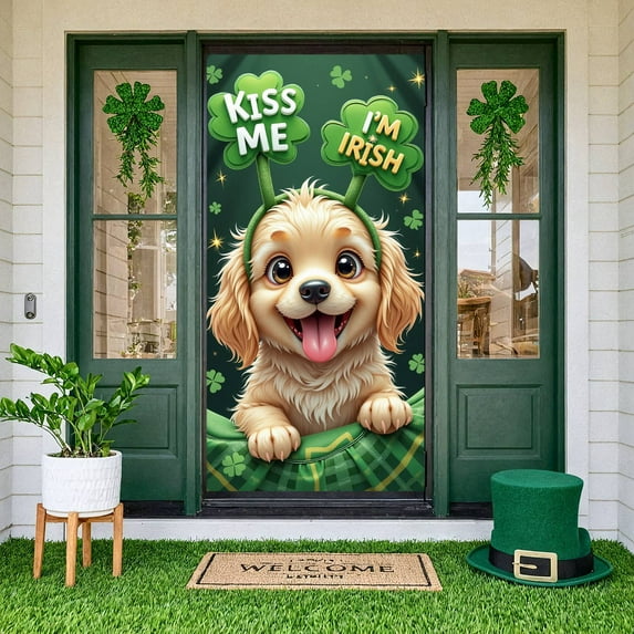 Green Theme St. Patrick's Day Banner Shamrock Design Display Cute Puppy Golden Stars Shamrock Backdrop for St. Patrick's Day Party Festival Pet Celebration