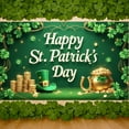 thumbnail image 1 of Green Theme St. Patrick's Day Banner Shamrock Design Leprechaun Backdrop Rainbow Pattern Gold Coin Decor Festival Display for St. Patrick's Day Party Festival Home Celebration, 1 of 9
