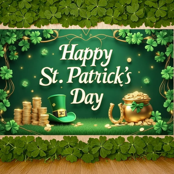 Green Theme St. Patrick's Day Banner Shamrock Design Leprechaun Backdrop Rainbow Pattern Gold Coin Decor Festival Display for St. Patrick's Day Party Festival Home Celebration