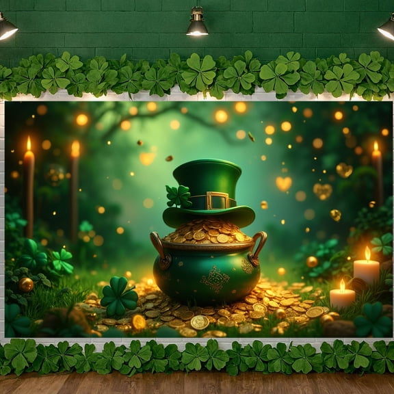 Green Theme St. Patrick's Day Banner Shamrock Design Leprechaun Backdrop Rainbow Pattern Gold Coin Decor Festival Display for St. Patrick's Day Party Festival Home Celebration