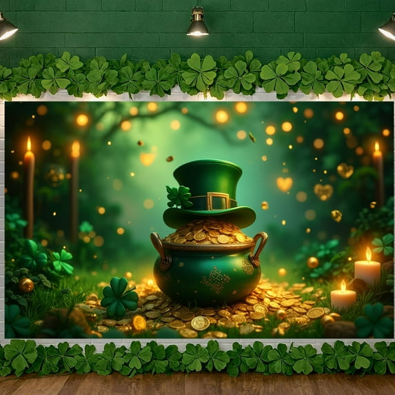 Green Theme St. Patrick's Day Banner Shamrock Design Leprechaun Backdrop Rainbow Pattern Gold Coin Decor Festival Display for St. Patrick's Day Party Festival Home Celebration
